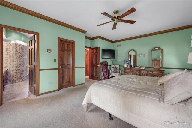 25827 W Andrew Ct, Ingleside, IL 60041 - bedroom with carpet flooring, crown molding, baseboards, ceiling fan, and ensuite bathroom