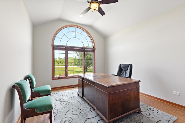 26644 S Ridgeland Ave, Monee, IL 60449 - office space featuring a ceiling fan, light wood-type flooring, baseboards, and vaulted ceiling