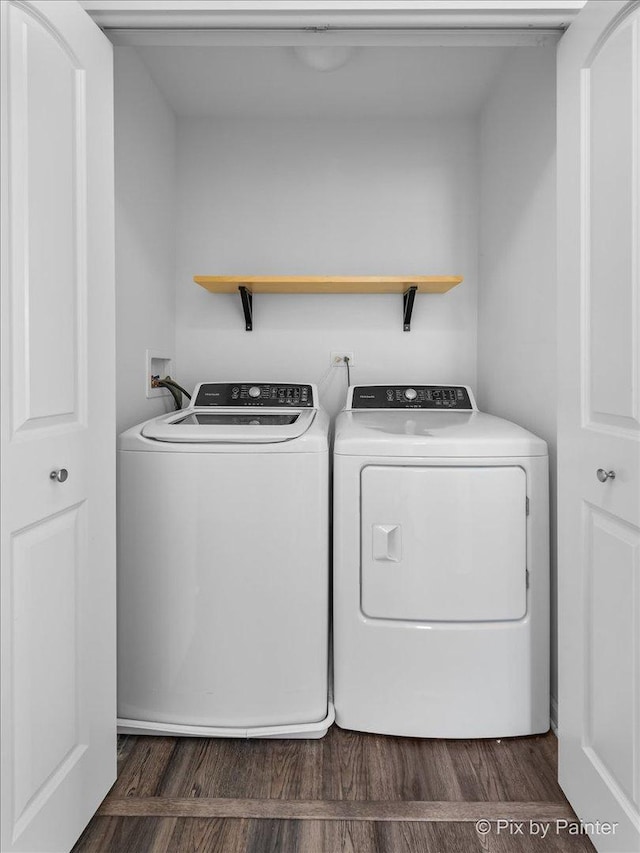2346 Aurora Dr, Pingree Grove, IL 60140 - laundry area featuring washing machine and clothes dryer and dark wood-type flooring