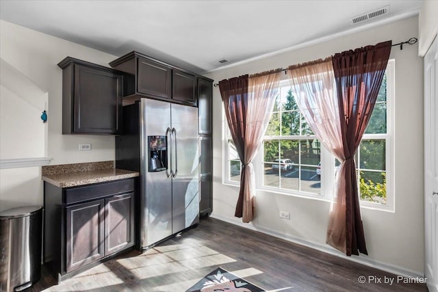 2346 Aurora Dr, Pingree Grove, IL 60140 - kitchen featuring stainless steel fridge, dark wood-style floors, baseboards, and dark brown cabinets