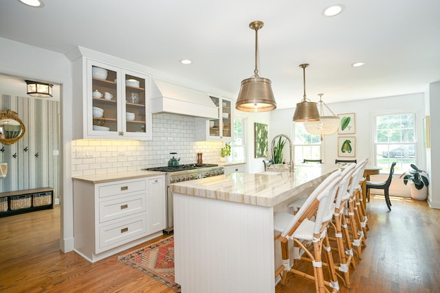 714 Turner Ave, Glen Ellyn, IL 60137 - kitchen featuring stainless steel stove, a kitchen bar, white cabinetry, light wood-type flooring, and recessed lighting