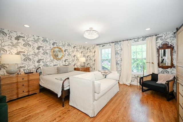714 Turner Ave, Glen Ellyn, IL 60137 - bedroom featuring wallpapered walls, light wood-type flooring, a chandelier, and recessed lighting