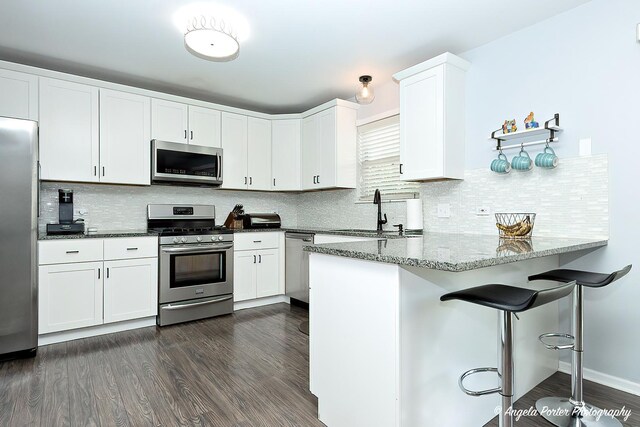 1381 Regency Ln, Lake Villa, IL 60046 - kitchen with appliances with stainless steel finishes, light stone countertops, a peninsula, white cabinets, and tasteful backsplash