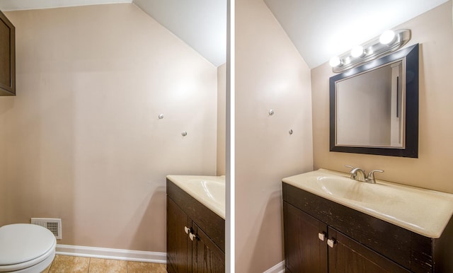 8 Cour Masson Cir Unit 0, Palos Hills, IL 60465 - bathroom with vanity, vaulted ceiling, toilet, baseboards, and tile patterned flooring