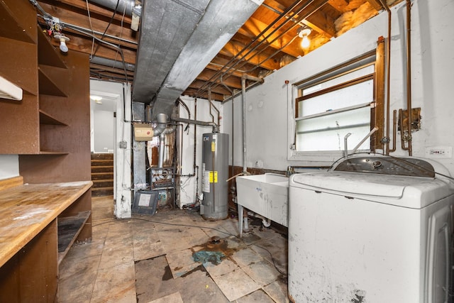 505 E 146th St, Dolton, IL 60419 - below grade area with washer / dryer, gas water heater, a sink, and stairway