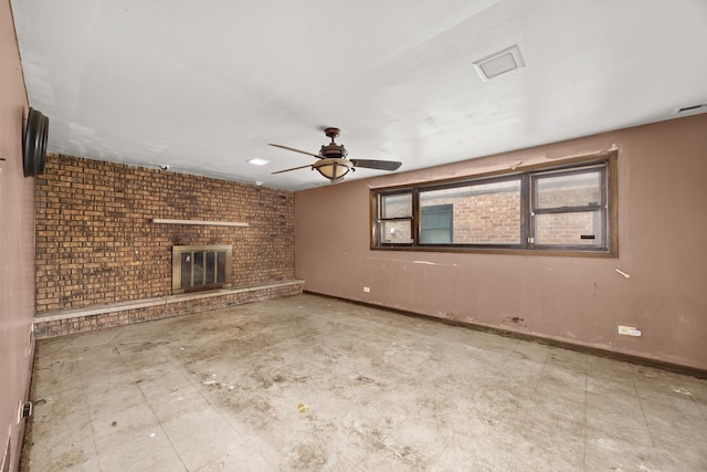 505 E 146th St, Dolton, IL 60419 - unfurnished living room with a brick fireplace, ceiling fan, and baseboards