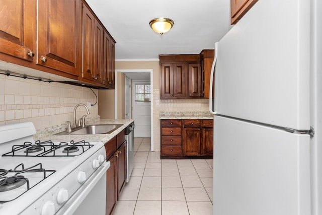 1456 Tyrell Ave, Park Ridge, IL 60068 - kitchen featuring white appliances, a sink, tasteful backsplash, light countertops, and ornamental molding