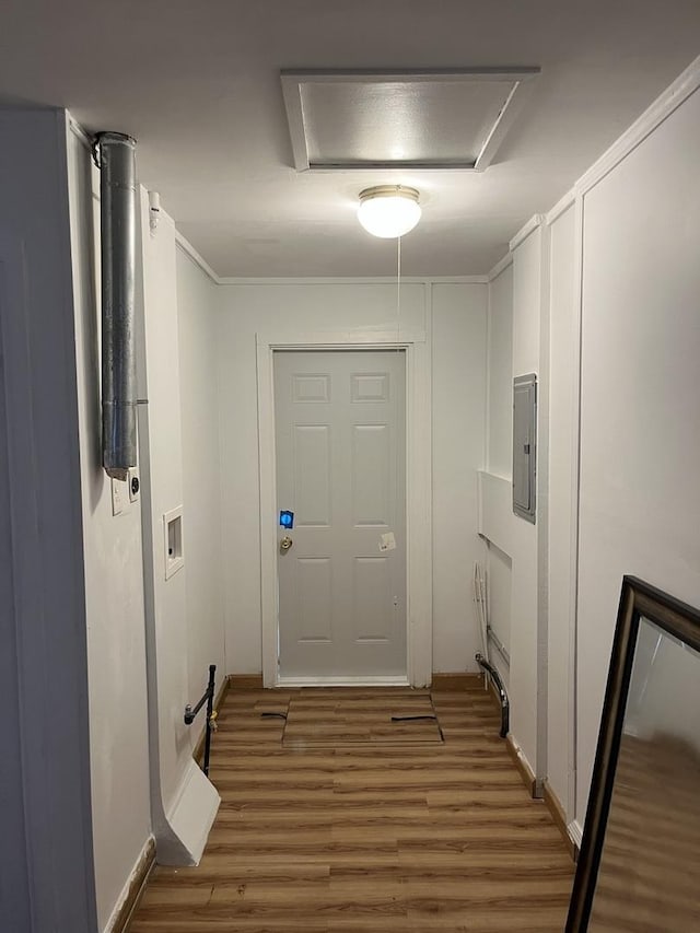 446 Montrose Dr, Romeoville, IL 60446 - corridor with wood finished floors, electric panel, and attic access