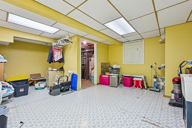 1043 San Mateo Dr, Romeoville, IL 60446 - finished basement with gas water heater and a paneled ceiling