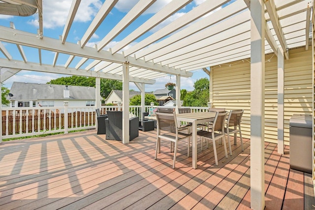 1043 San Mateo Dr, Romeoville, IL 60446 - wooden terrace featuring outdoor dining space, a pergola, a residential view, and outdoor lounge area