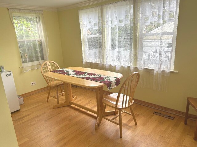 5930 W School St, Chicago, IL 60634 - dining room featuring light wood-style floors, crown molding, baseboards, and radiator