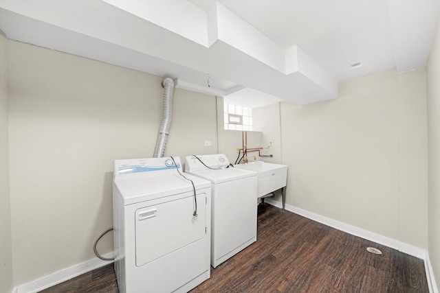 1723 W 75th Pl, Chicago, IL 60620 - laundry room featuring washing machine and dryer, dark wood-style floors, and baseboards
