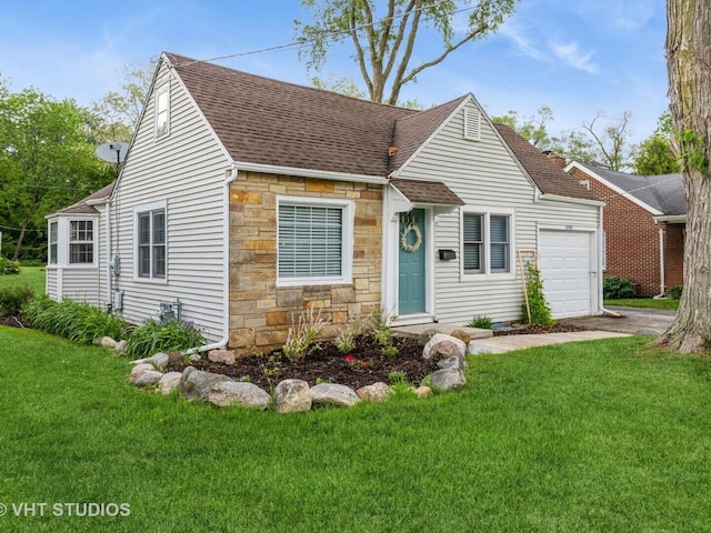 490 W Crystal Lake Ave, Crystal Lake, IL 60014 - cape cod home featuring stone siding, roof with shingles, an attached garage, and a front lawn