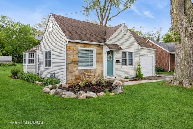 490 W Crystal Lake Ave, Crystal Lake, IL 60014 - new england style home featuring stone siding, a shingled roof, an attached garage, and a front yard