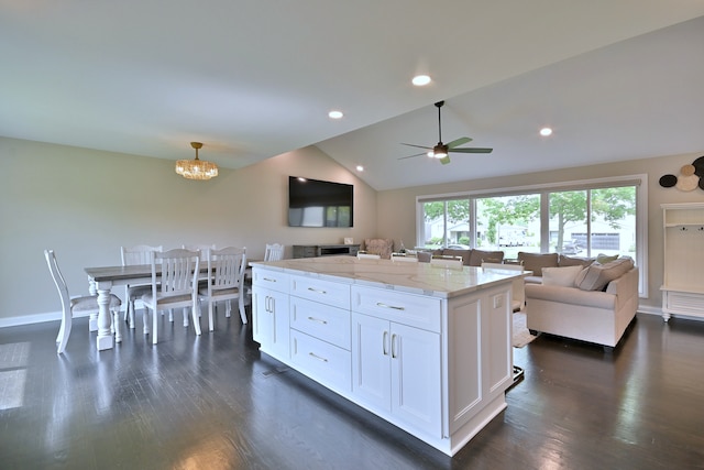 771 S Euclid Ave, Elmhurst, IL 60126 - kitchen featuring open floor plan, dark wood-type flooring, white cabinetry, vaulted ceiling, and recessed lighting