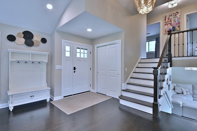 771 S Euclid Ave, Elmhurst, IL 60126 - entrance foyer featuring stairs, wood finished floors, baseboards, a chandelier, and vaulted ceiling