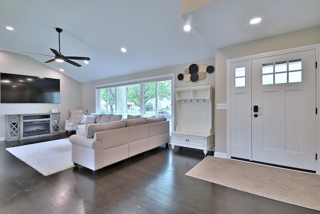 771 S Euclid Ave, Elmhurst, IL 60126 - living room with a ceiling fan, dark wood-type flooring, lofted ceiling, recessed lighting, and baseboards