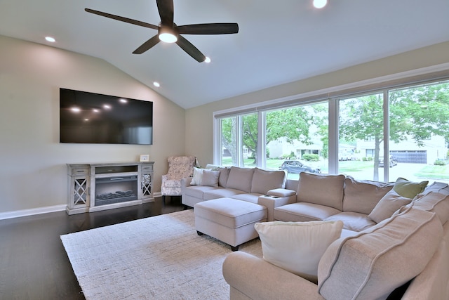 771 S Euclid Ave, Elmhurst, IL 60126 - living area with ceiling fan, lofted ceiling, baseboards, recessed lighting, and dark wood finished floors