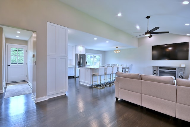 771 S Euclid Ave, Elmhurst, IL 60126 - living room featuring plenty of natural light, dark wood-style floors, ceiling fan, recessed lighting, and vaulted ceiling