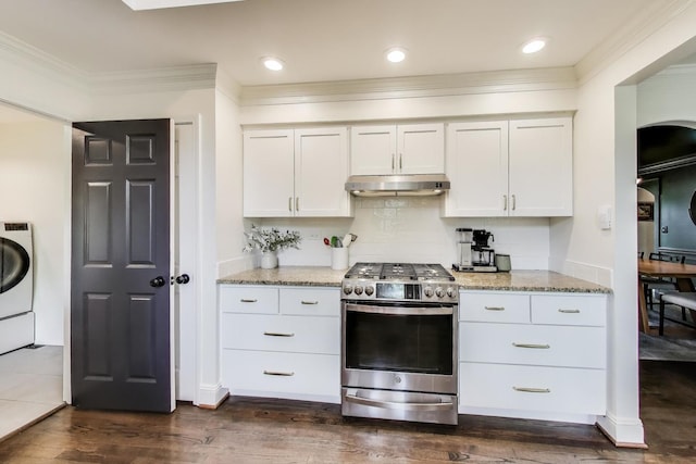 1480 Briar Cv, Wheaton, IL 60189 - kitchen featuring stainless steel gas range oven, under cabinet range hood, ornamental molding, light stone countertops, and washer / clothes dryer