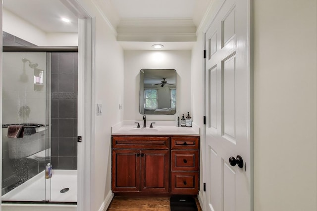 1480 Briar Cv, Wheaton, IL 60189 - full bathroom featuring vanity, a shower stall, a ceiling fan, wood finished floors, and crown molding