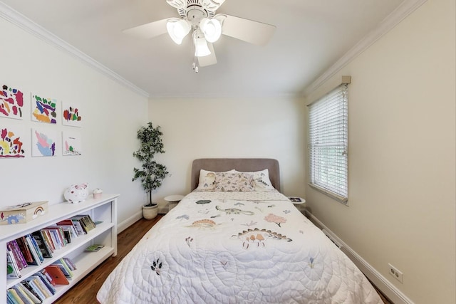 1480 Briar Cv, Wheaton, IL 60189 - bedroom featuring crown molding, dark wood-style floors, baseboards, and ceiling fan