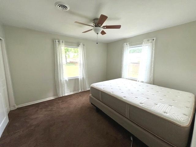 114 Dante Ct, Shorewood, IL 60404 - bedroom featuring multiple windows, dark carpet, baseboards, and a ceiling fan