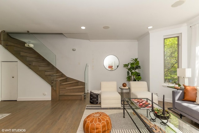 1346 S Wabash Ave Unit D, Chicago, IL 60605 - living room with stairway, wood finished floors, ornamental molding, recessed lighting, and baseboards
