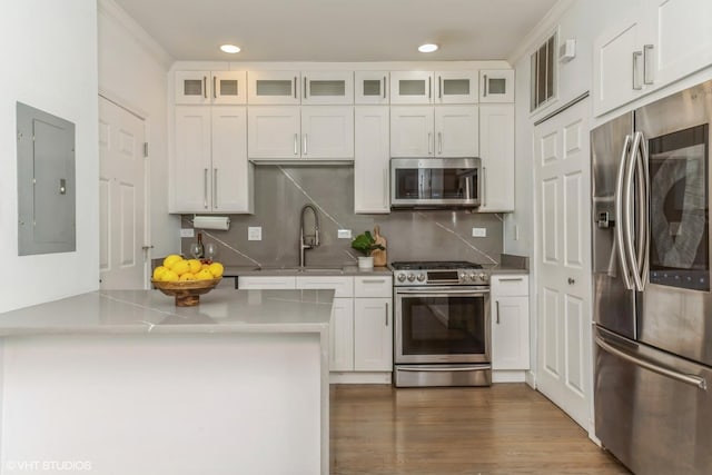 1346 S Wabash Ave Unit D, Chicago, IL 60605 - kitchen featuring stainless steel appliances, electric panel, tasteful backsplash, a sink, and recessed lighting