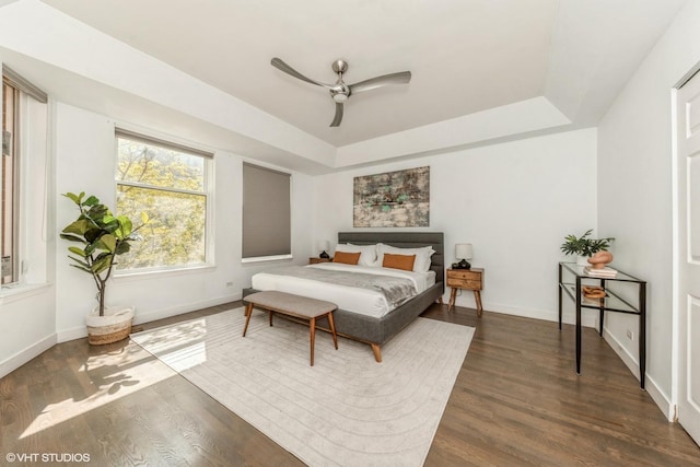 1346 S Wabash Ave Unit D, Chicago, IL 60605 - bedroom with a tray ceiling, dark wood finished floors, baseboards, and a ceiling fan