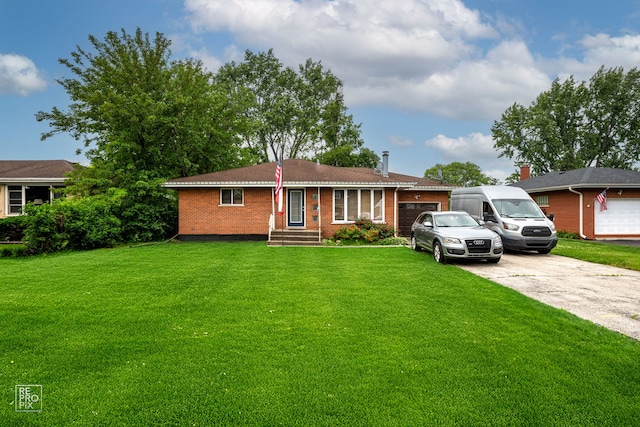 12732 S Austin Ave, Palos Heights, IL 60463 - ranch-style house featuring an attached garage, concrete driveway, brick siding, and a front lawn