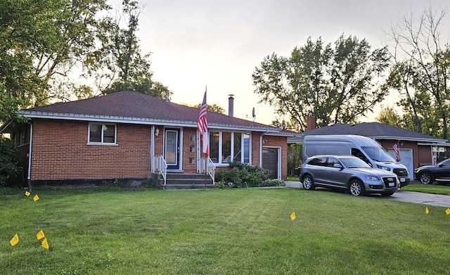 12732 S Austin Ave, Palos Heights, IL 60463 - ranch-style home with brick siding, a front lawn, a garage, and driveway