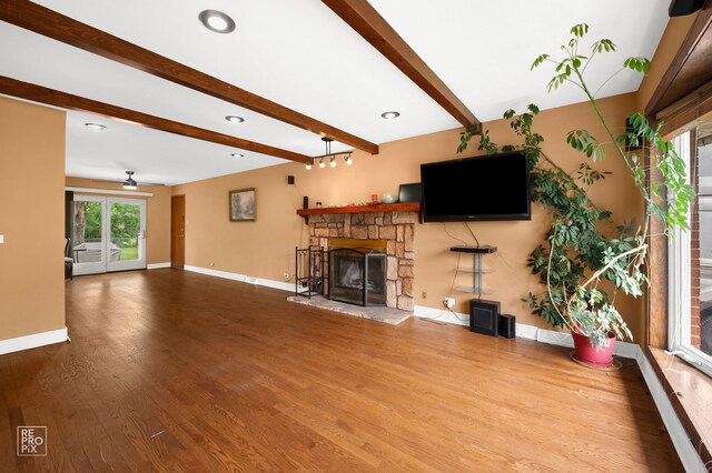 12732 S Austin Ave, Palos Heights, IL 60463 - unfurnished living room featuring baseboards, wood finished floors, beamed ceiling, a fireplace, and recessed lighting