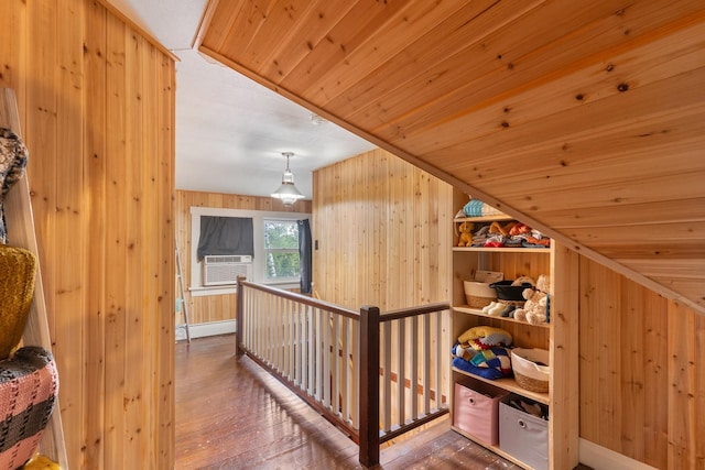 20425 N Hazelcrest Rd, Palatine, IL 60074 - hall featuring wood walls, wood-type flooring, an upstairs landing, cooling unit, and vaulted ceiling