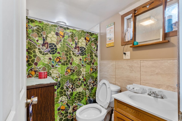 20425 N Hazelcrest Rd, Palatine, IL 60074 - full bathroom featuring tile walls, vanity, toilet, and a shower with shower curtain