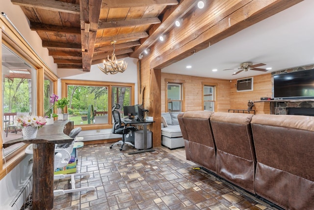 20425 N Hazelcrest Rd, Palatine, IL 60074 - living area with wood ceiling, wood walls, recessed lighting, a ceiling fan, and a chandelier