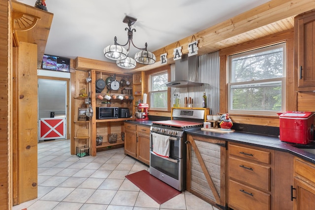 20425 N Hazelcrest Rd, Palatine, IL 60074 - kitchen featuring double oven range, dark countertops, light tile patterned floors, a chandelier, and brown cabinetry