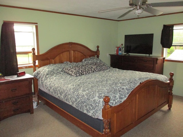 411 S Walnut St, Forreston, IL 61030 - bedroom featuring light carpet, crown molding, and a ceiling fan