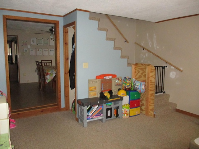 411 S Walnut St, Forreston, IL 61030 - rec room with ceiling fan, carpet flooring, and ornamental molding
