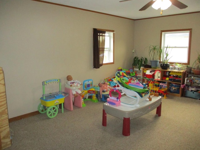 411 S Walnut St, Forreston, IL 61030 - rec room featuring carpet, ornamental molding, healthy amount of natural light, and a ceiling fan