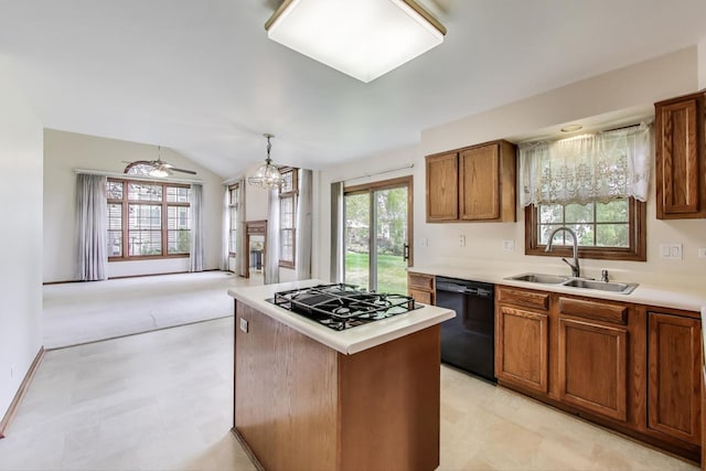 1492 Della Dr, Hoffman Estates, IL 60169 - kitchen with black appliances, brown cabinetry, light countertops, a center island, and vaulted ceiling