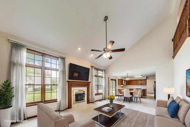 1492 Della Dr, Hoffman Estates, IL 60169 - living room with high vaulted ceiling, a fireplace, ceiling fan, and recessed lighting