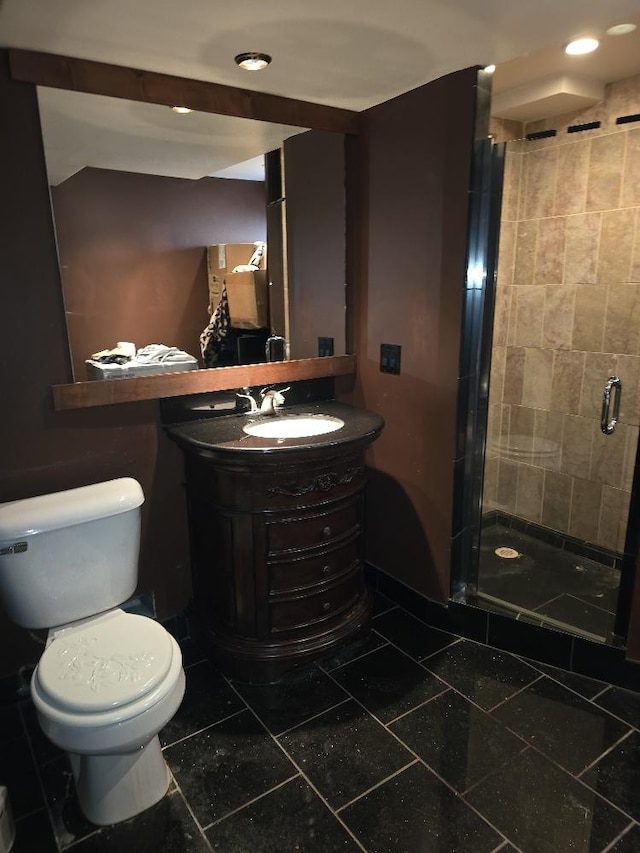 3933 N Oak Park Ave, Chicago, IL 60634 - bathroom with vanity, a stall shower, toilet, tile patterned flooring, and recessed lighting