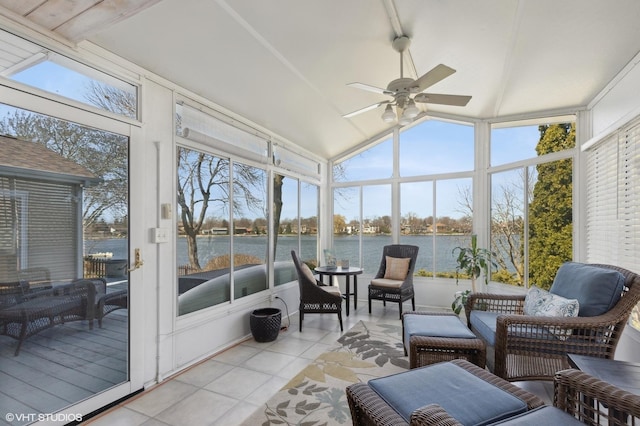 2212 High Point Dr, Lindenhurst, IL 60046 - sunroom with a water view, ceiling fan, vaulted ceiling, and healthy amount of natural light