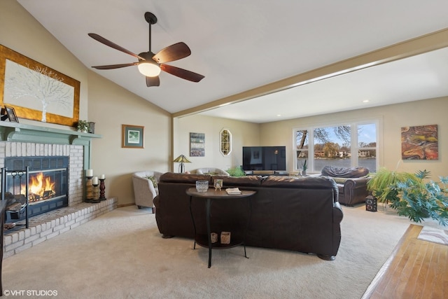 2212 High Point Dr, Lindenhurst, IL 60046 - living area with ceiling fan, a fireplace, light wood-style floors, vaulted ceiling, and recessed lighting