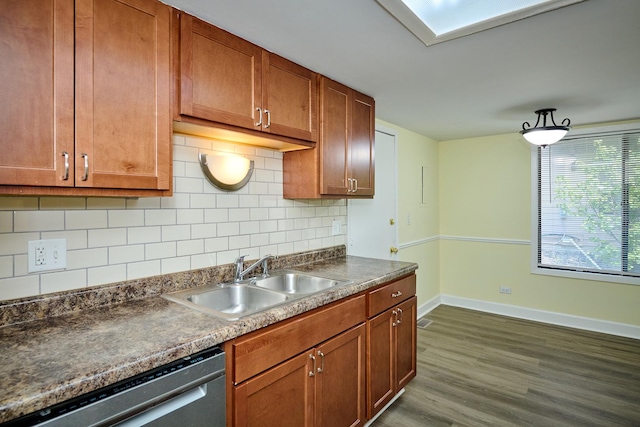 6256 Kit Carson Dr Unit 6256, Hanover Park, IL 60133 - kitchen featuring dishwasher, a sink, baseboards, dark wood-style floors, and tasteful backsplash