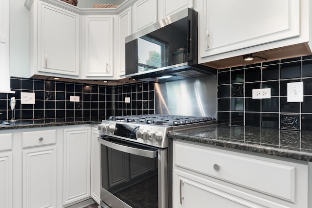 3518 Matisse Dr, Saint Charles, IL 60175 - kitchen with appliances with stainless steel finishes, white cabinetry, backsplash, and dark stone countertops