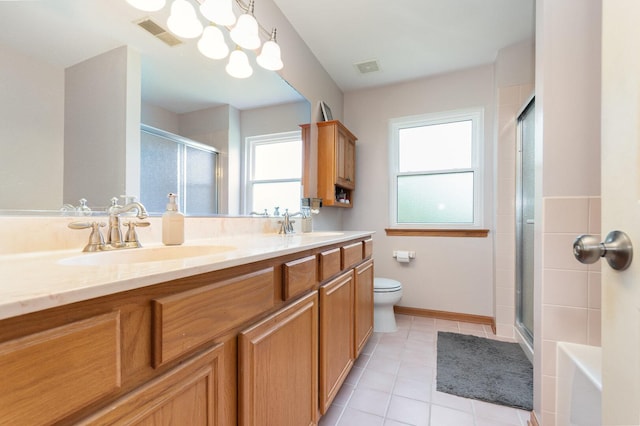 3518 Matisse Dr, Saint Charles, IL 60175 - bathroom featuring an enclosed shower, tile patterned floors, double vanity, and a chandelier
