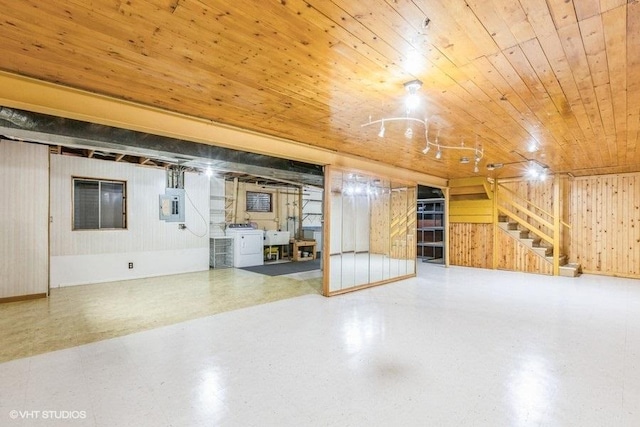 1029 Rain Tree Dr, Bolingbrook, IL 60440 - finished basement featuring washer / dryer, electric panel, stairway, wood ceiling, and wood walls