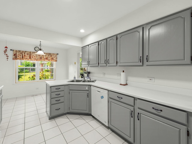 2349 County Farm Ln, Schaumburg, IL 60194 - kitchen with gray cabinets, white dishwasher, a peninsula, light countertops, and recessed lighting